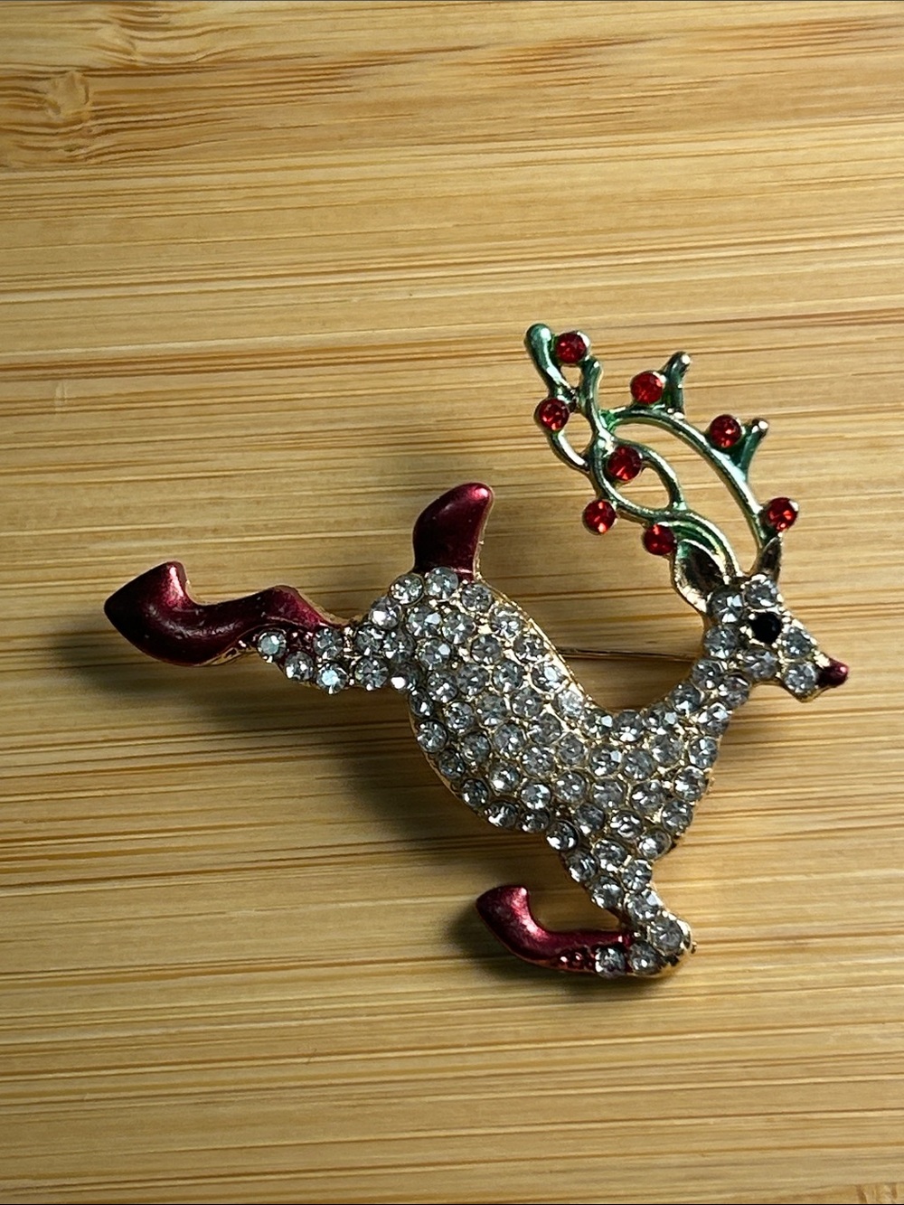 Festive Crystal Reindeer Brooch - Red, Green, Gold Accent
